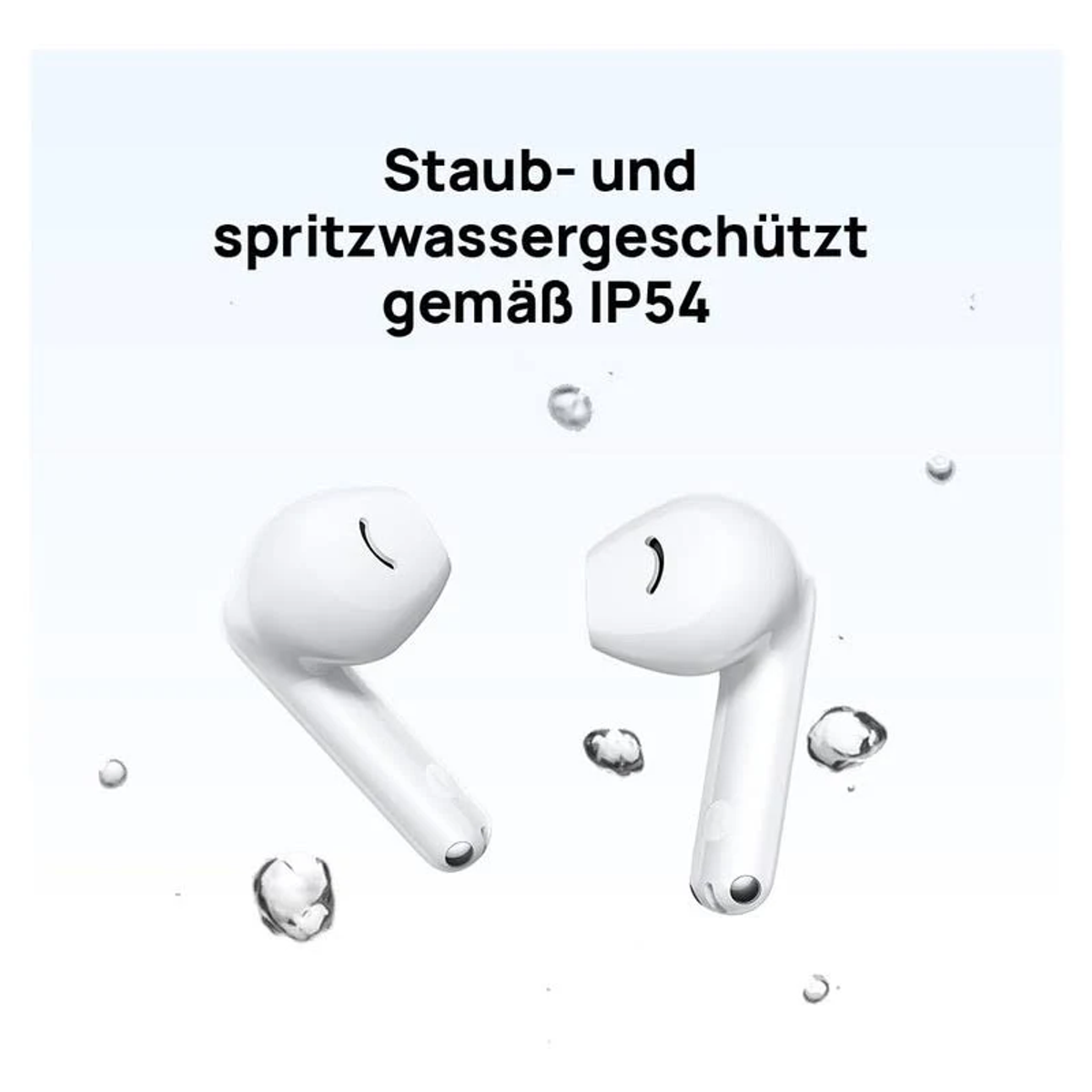Dos auriculares inalámbricos blancos con gotas de agua, a prueba de polvo y salpicaduras.