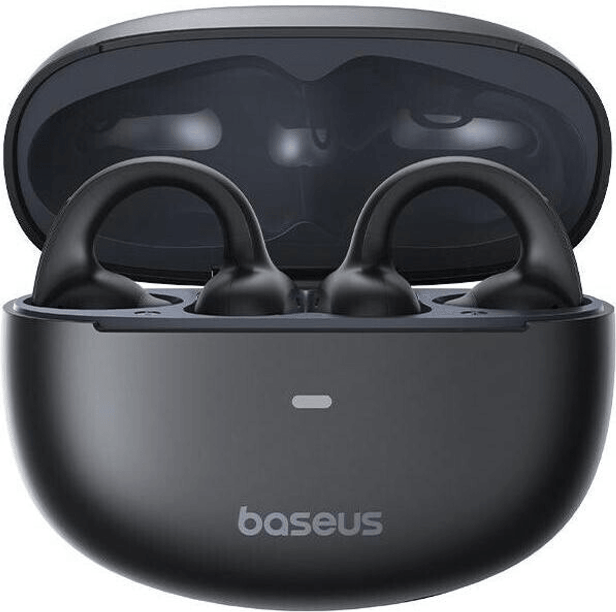 Auriculares inalámbricos Baseus negros y estuche de carga. El estuche está abierto, mostrando los auriculares dentro.