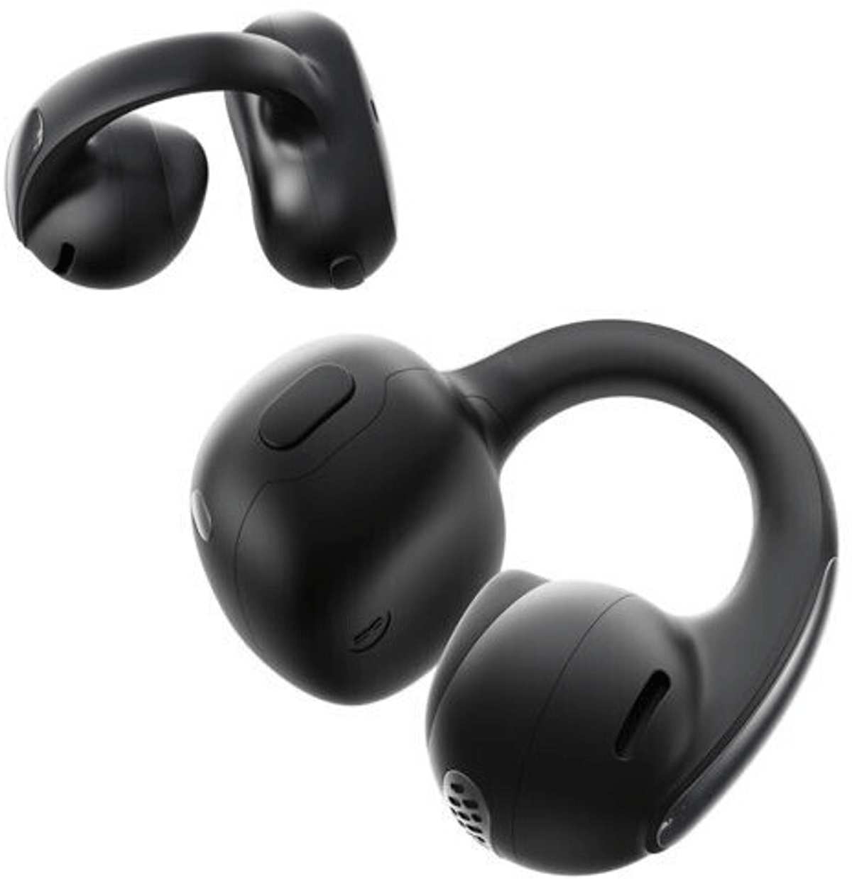Dos auriculares inalámbricos negros con ganchos para la oreja, sobre fondo blanco.