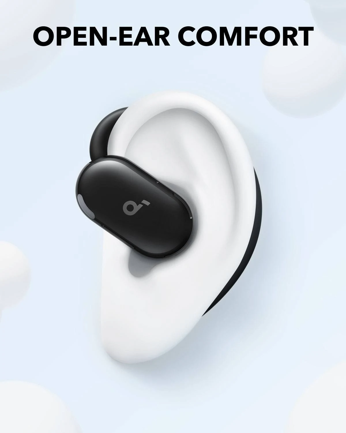 Zwarte oordop in een gestileerd wit oor met tekst 'OPEN-EAR COMFORT'.