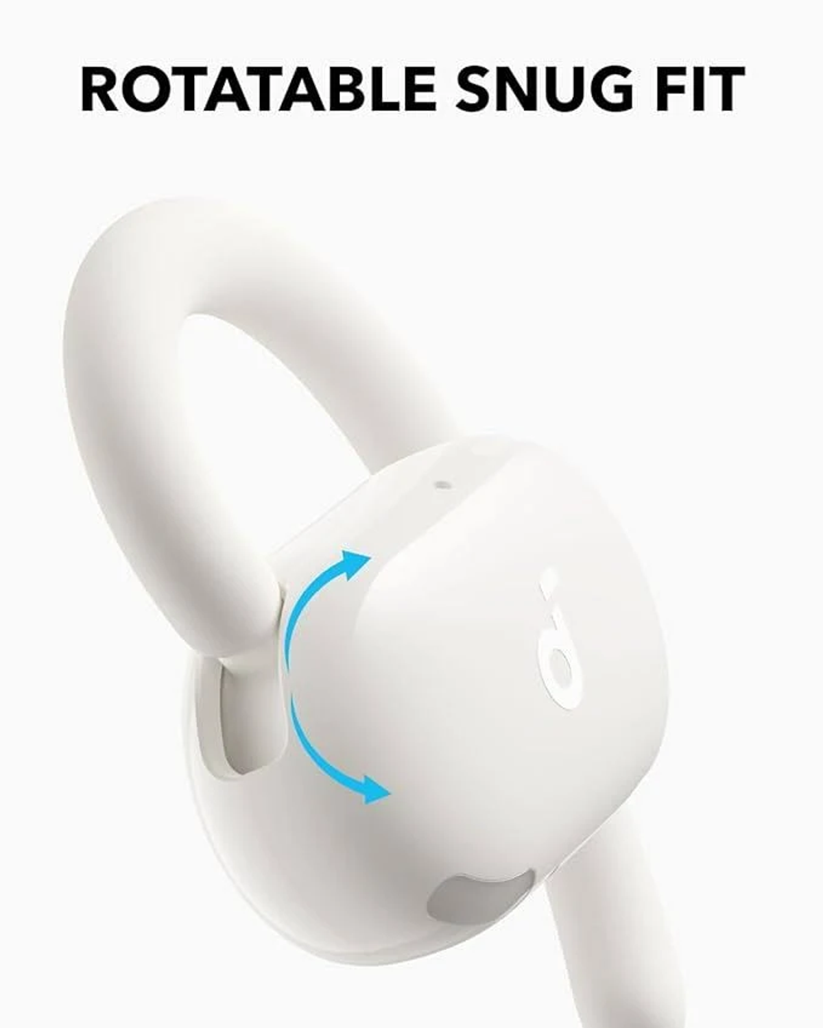 Auricolare bianco con frecce blu che indicano la rotazione.