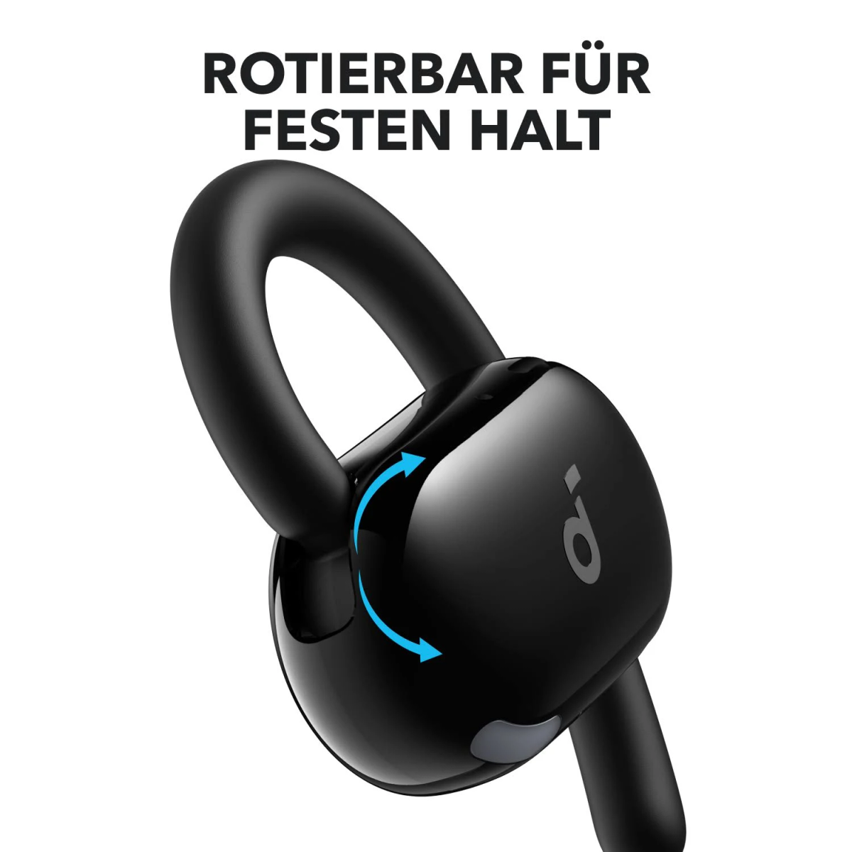 Un auricular negro con una flecha azul que indica rotación.