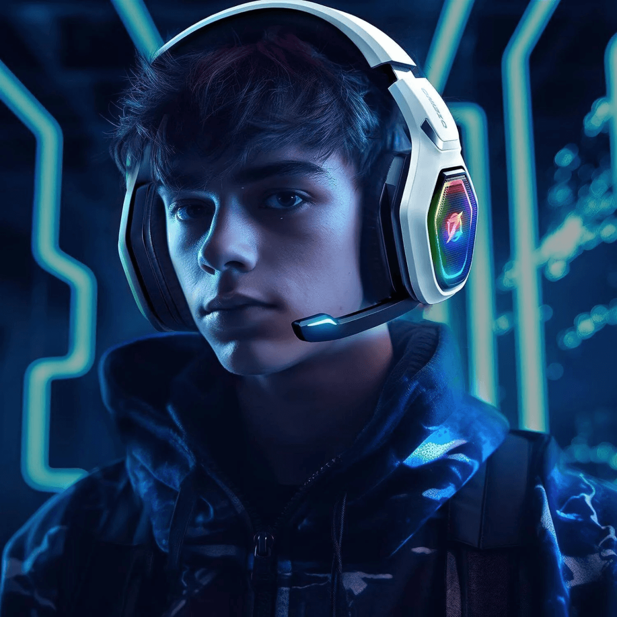 Jeune portant un casque gaming blanc avec lumières RVB, sweat à capuche bleu, sur fond bleu néon.