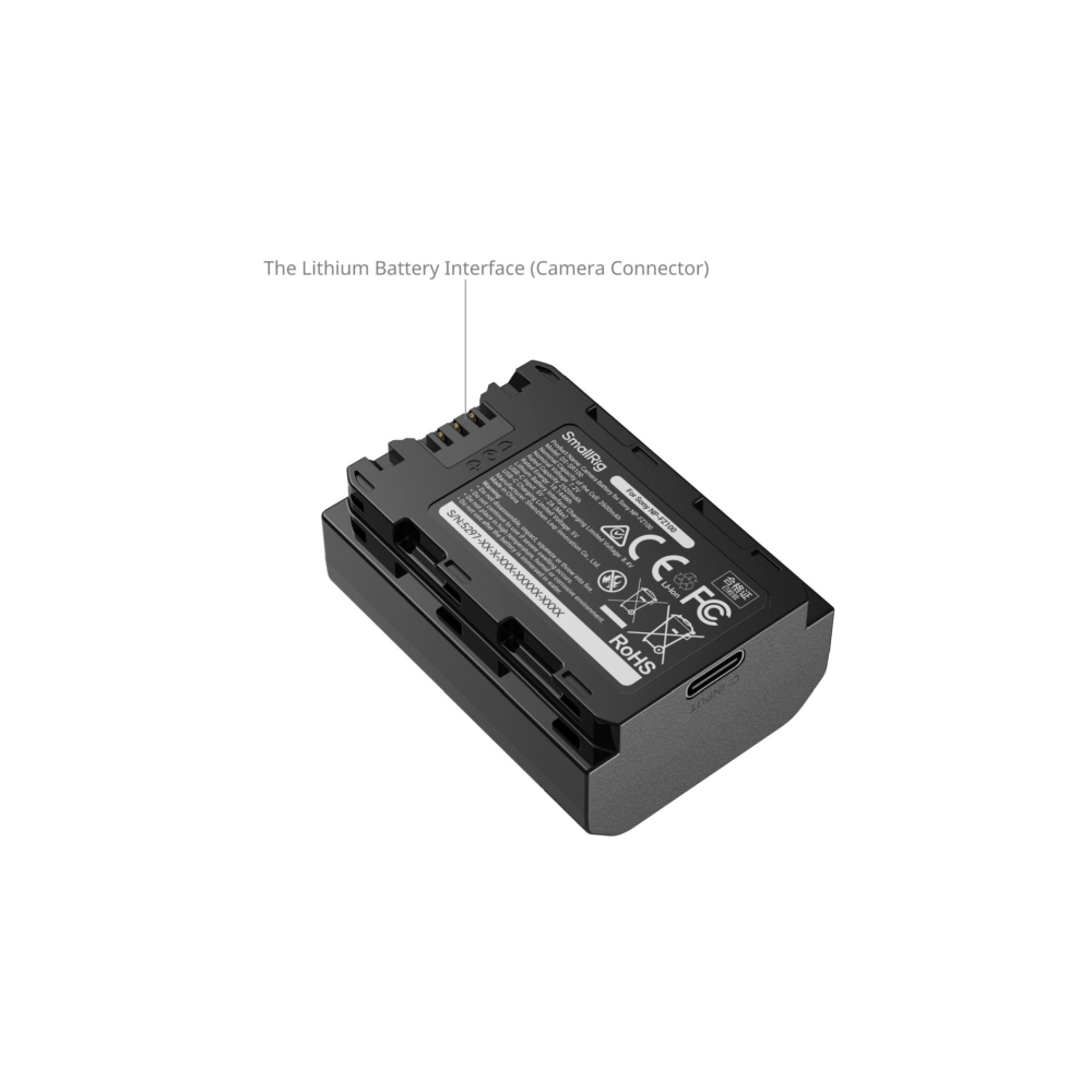 Een zwarte SmallRig NP-FZ100 batterij met labels en een USB-C poort.