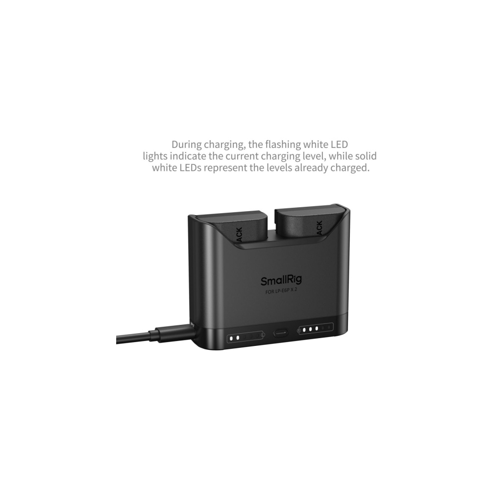 Een zwarte SmallRig dubbele LP-E6P batterijlader met laadindicatoren.