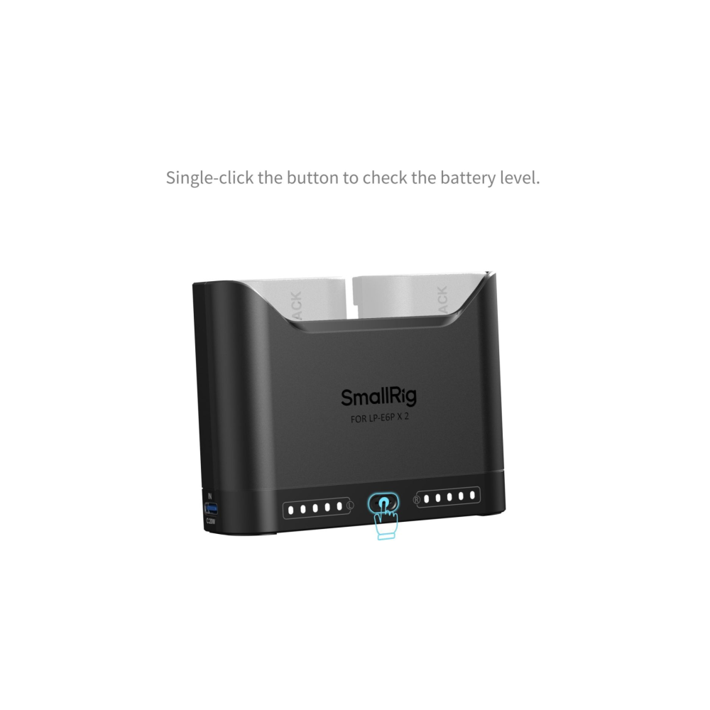 Zwarte SmallRig dubbele LP-E6P batterijlader met indicatielampjes.