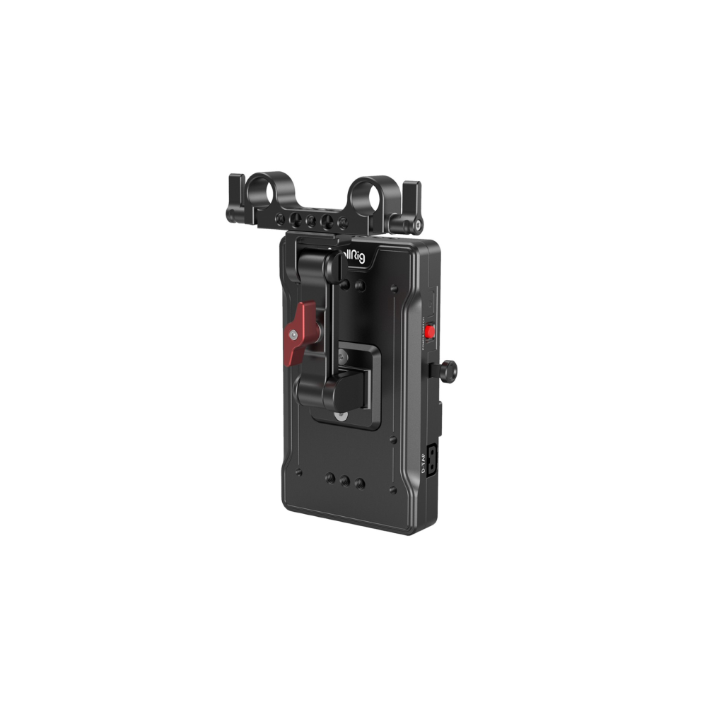 Zwarte cameramontage met rode hendel en D-Tap-aansluiting.