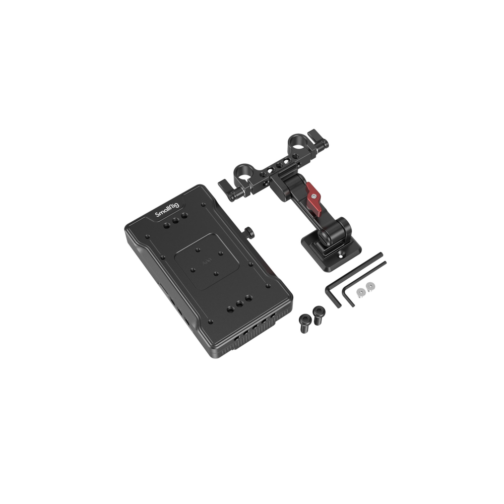 Een zwarte camera-accessoirekit met plaat, scharnierende arm en schroeven.