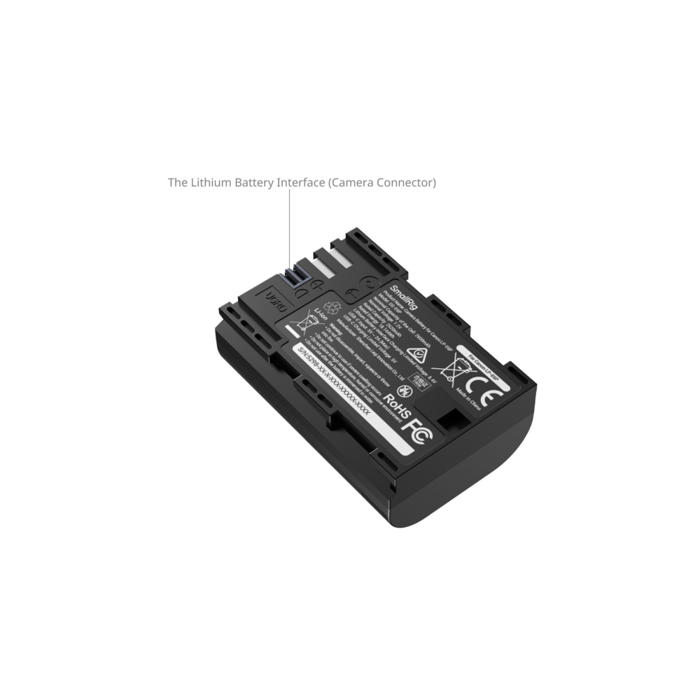 Zwarte SmallRig batterij voor Canon LP-ESP met USB-C en laadcontacten.
