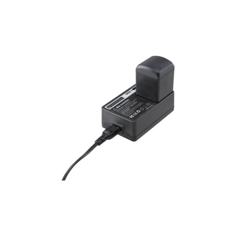 Een zwarte batterijlader met batterij en USB-kabel op witte achtergrond.