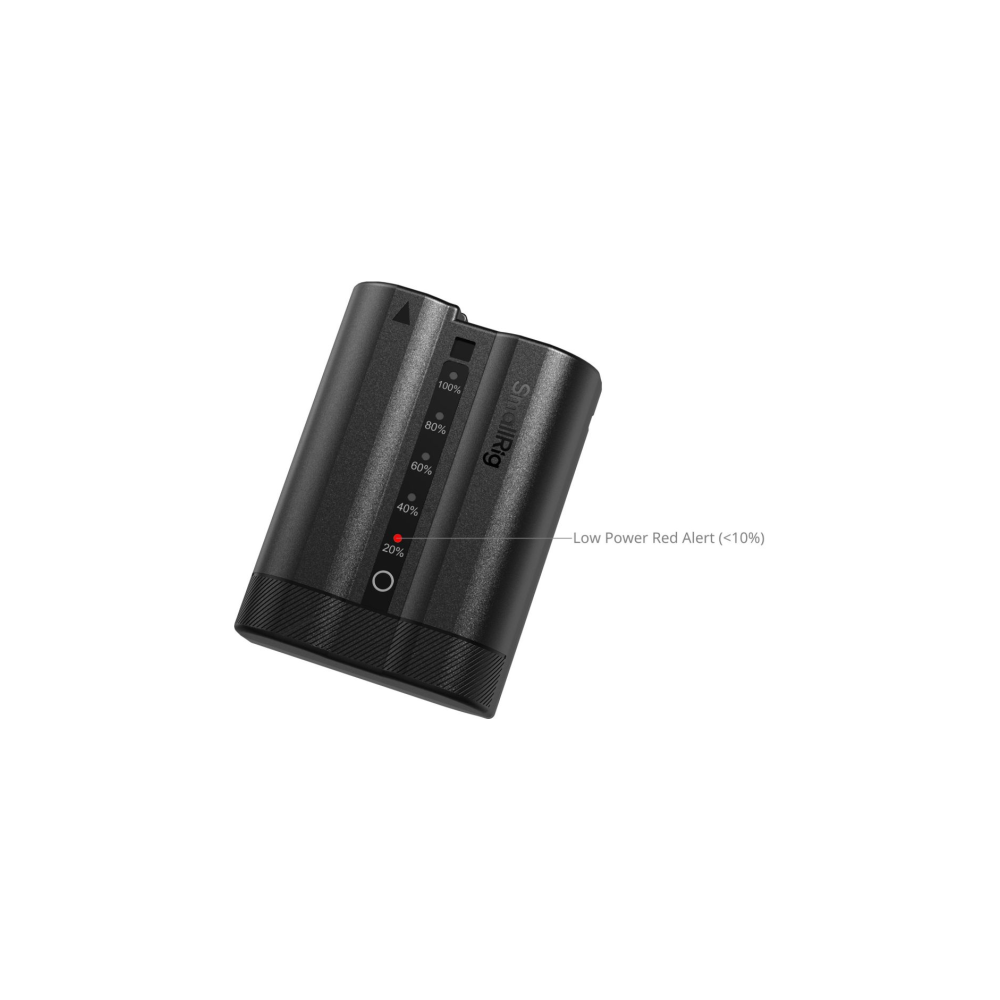 Zwarte batterij met laadindicator en "Low Power Red Alert (<lt/>10%)" label.
