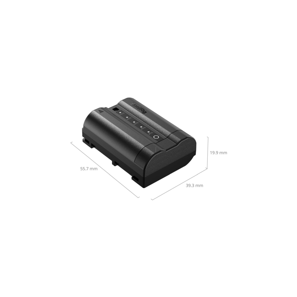 Een zwarte SmallRig batterij met laadindicator en maatlijnen.