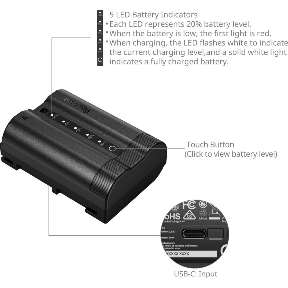 Zwart accupack met 5 LED-indicatoren, USB-C-ingang en aanraakknop.