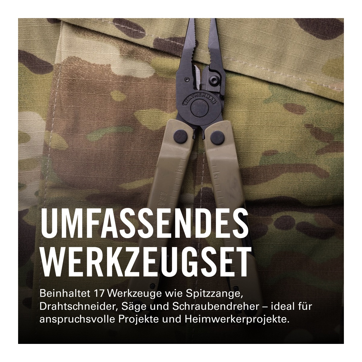 Ein Multitool mit schwarzer Zange liegt auf militärischem Stoff.