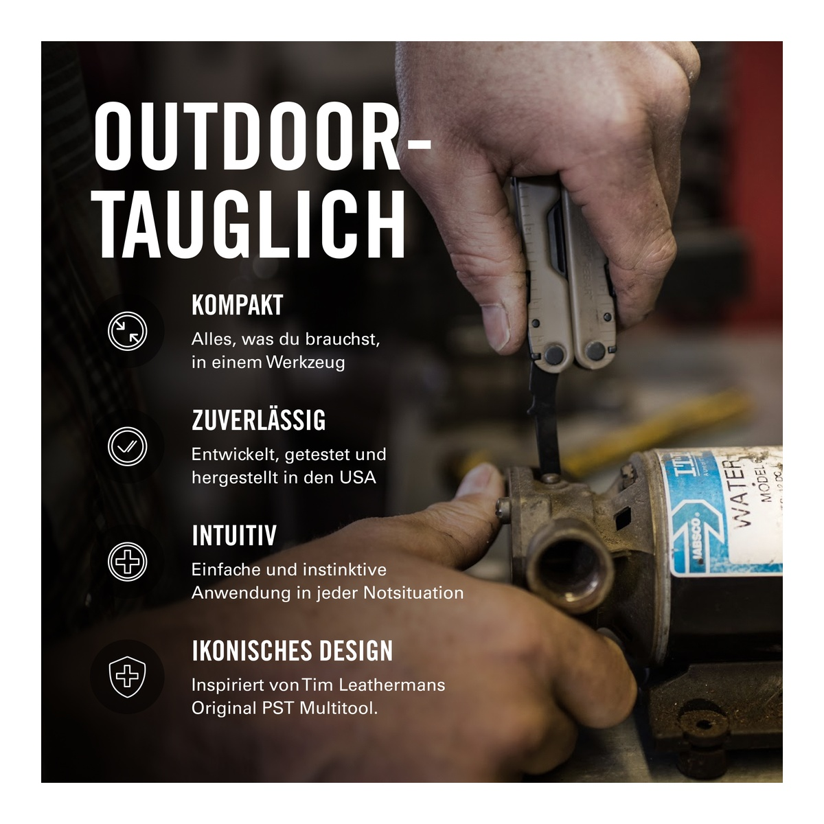 Ein Mann benutzt ein Multitool, um eine Wasserpumpe zu reparieren.