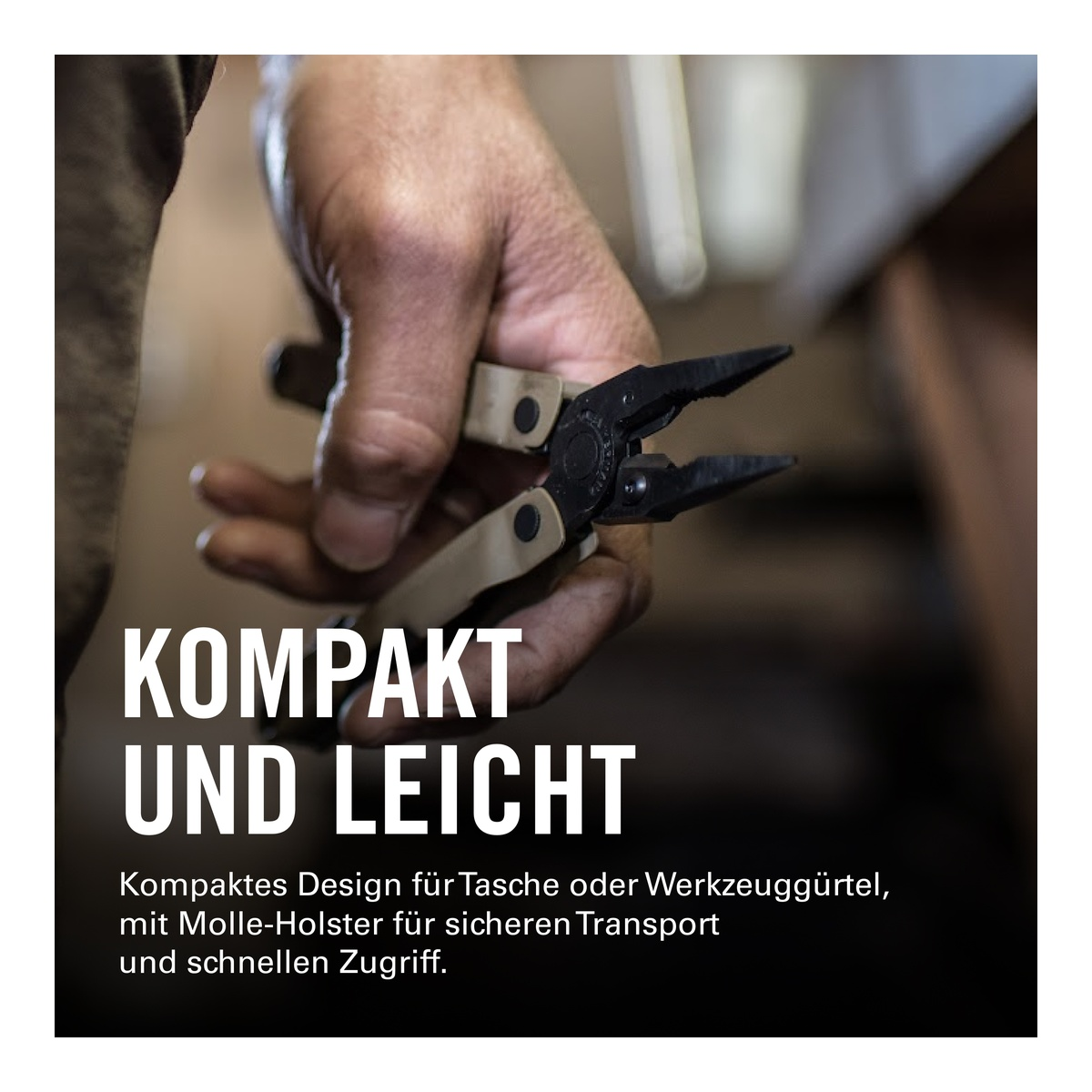 Hand hält ein Werkzeug mit Zange, Text: KOMPAKT UND LEICHT.