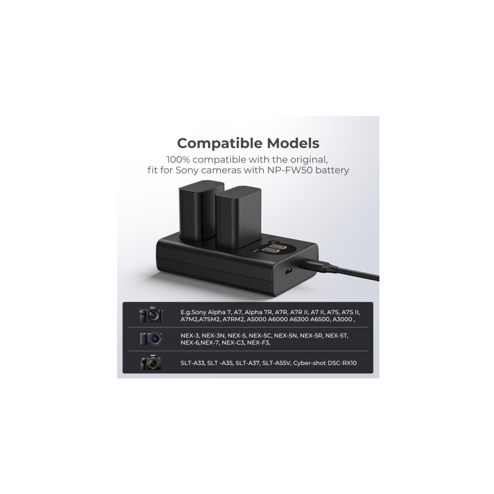 Zwarte oplader met twee Sony NP-FW50 batterijen