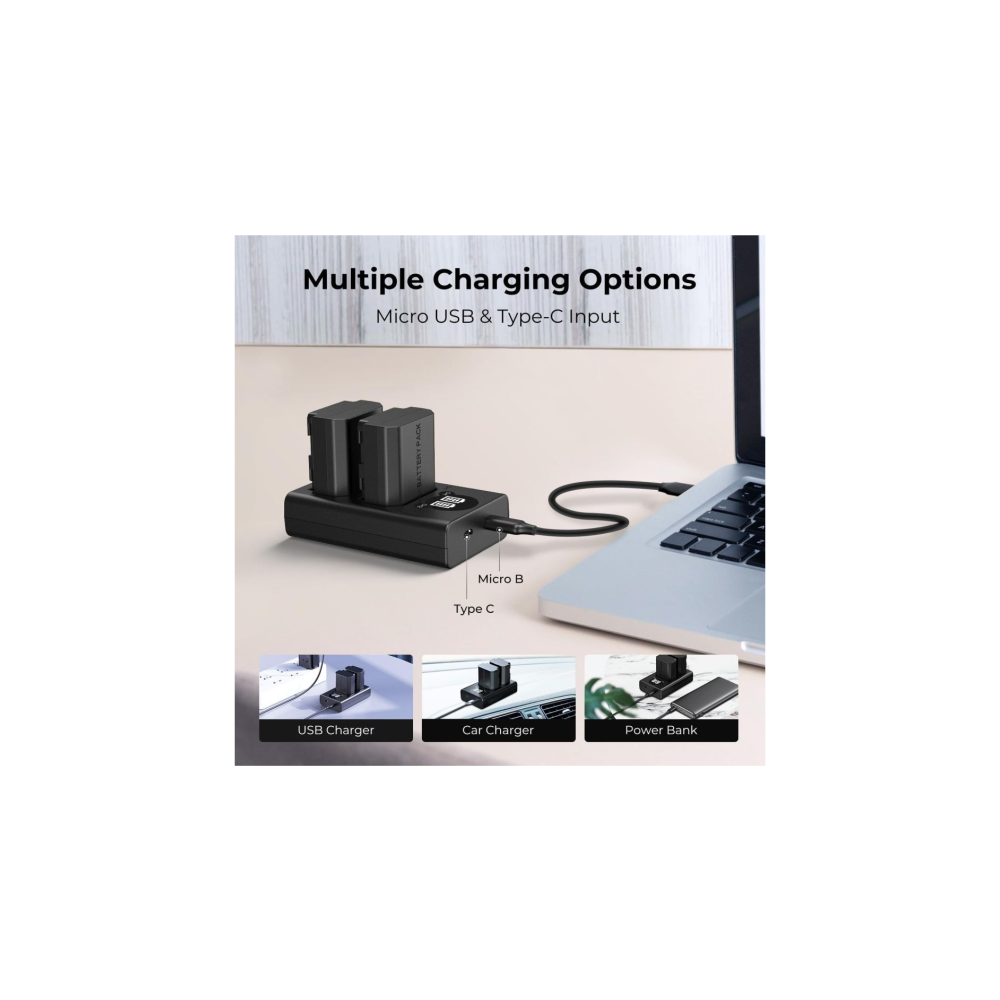 Dubbele batterijlader aangesloten op laptop via USB-C. Drie oplaadopties getoond: USB, auto, powerbank.