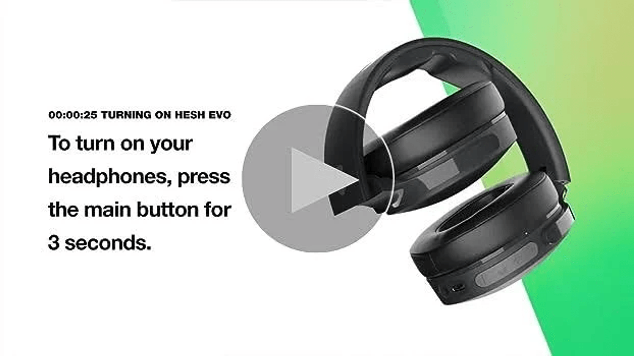 Auriculares negros con instrucciones para encender sobre fondo verde.