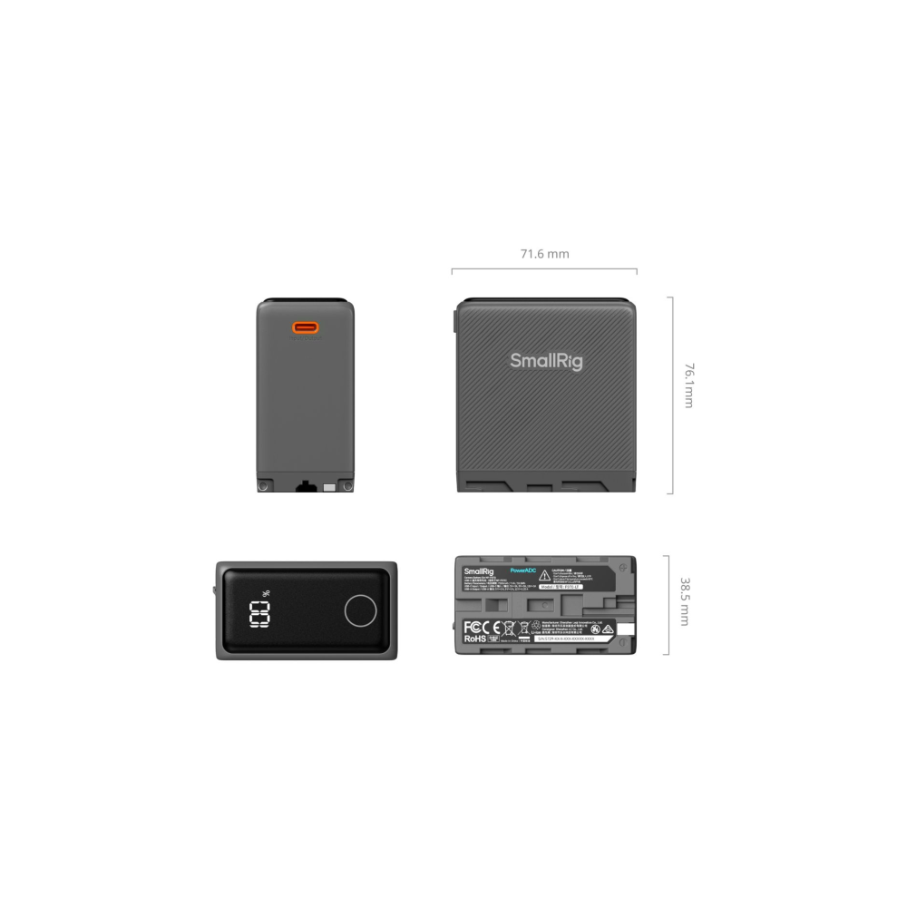 Vier aanzichten van een grijze SmallRig powerbank. Afmetingen getoond.