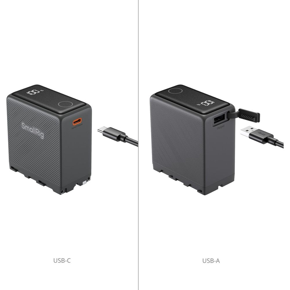 Twee grijze SmallRig powerbanks met 100% lading weergegeven. Eén toont USB-C ingang, de andere USB-A uitgang.