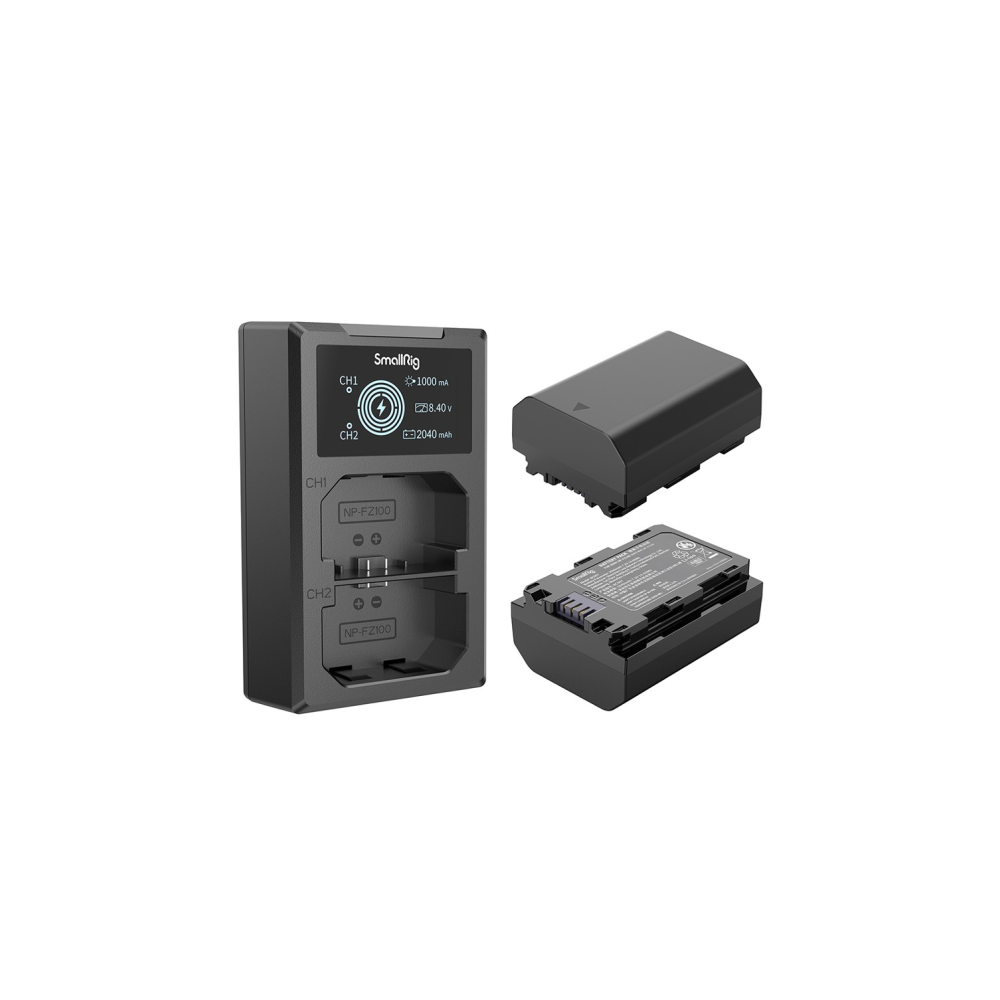 SmallRig dubbele batterijlader met twee NP-FZ100 batterijen.