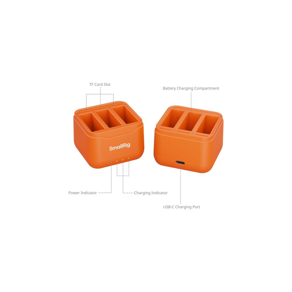 Twee oranje camera-accu opladers met sleuven en USB-C-poort.