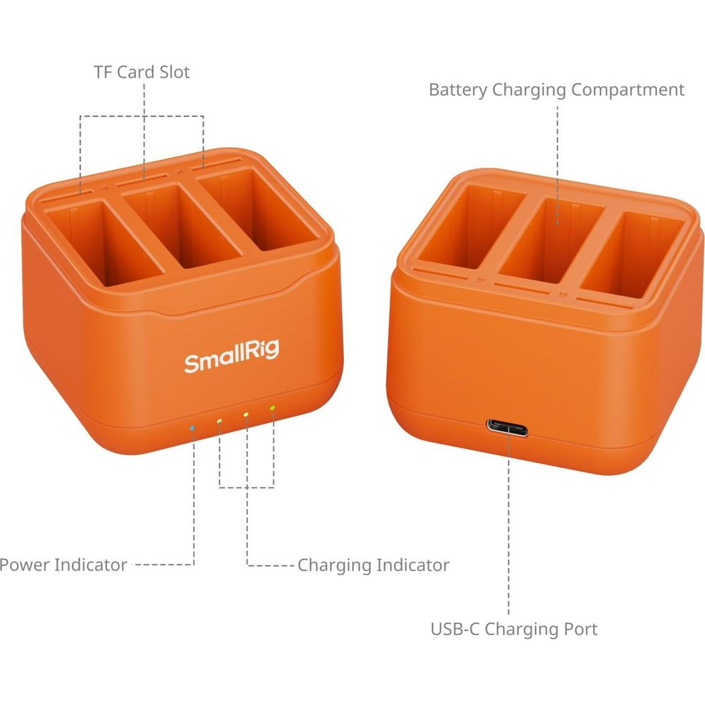 Twee oranje batterijladers met sleuven voor batterijen, TF-kaartsleuven en USB-C-poort.