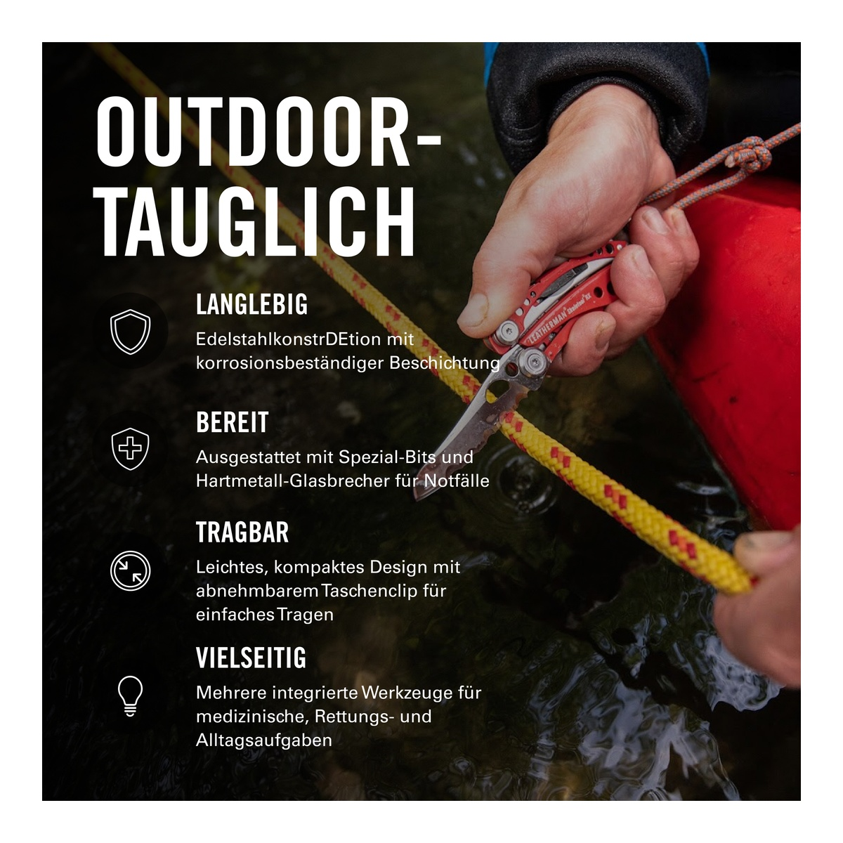 Rote Leatherman Multitool mit Edelstahl-Klinge hält ein gelbes Seil.