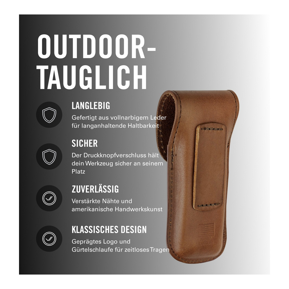 Braune Leder-Werkzeugtasche mit Text über Langlebigkeit, Sicherheit, Zuverlässigkeit und Design.