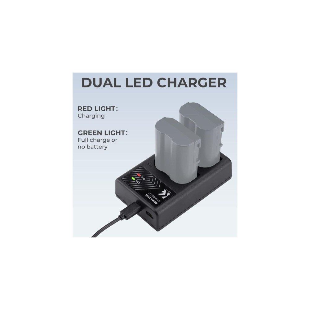 Twee grijze batterijen op een zwart dual LED-oplader met USB-poort.