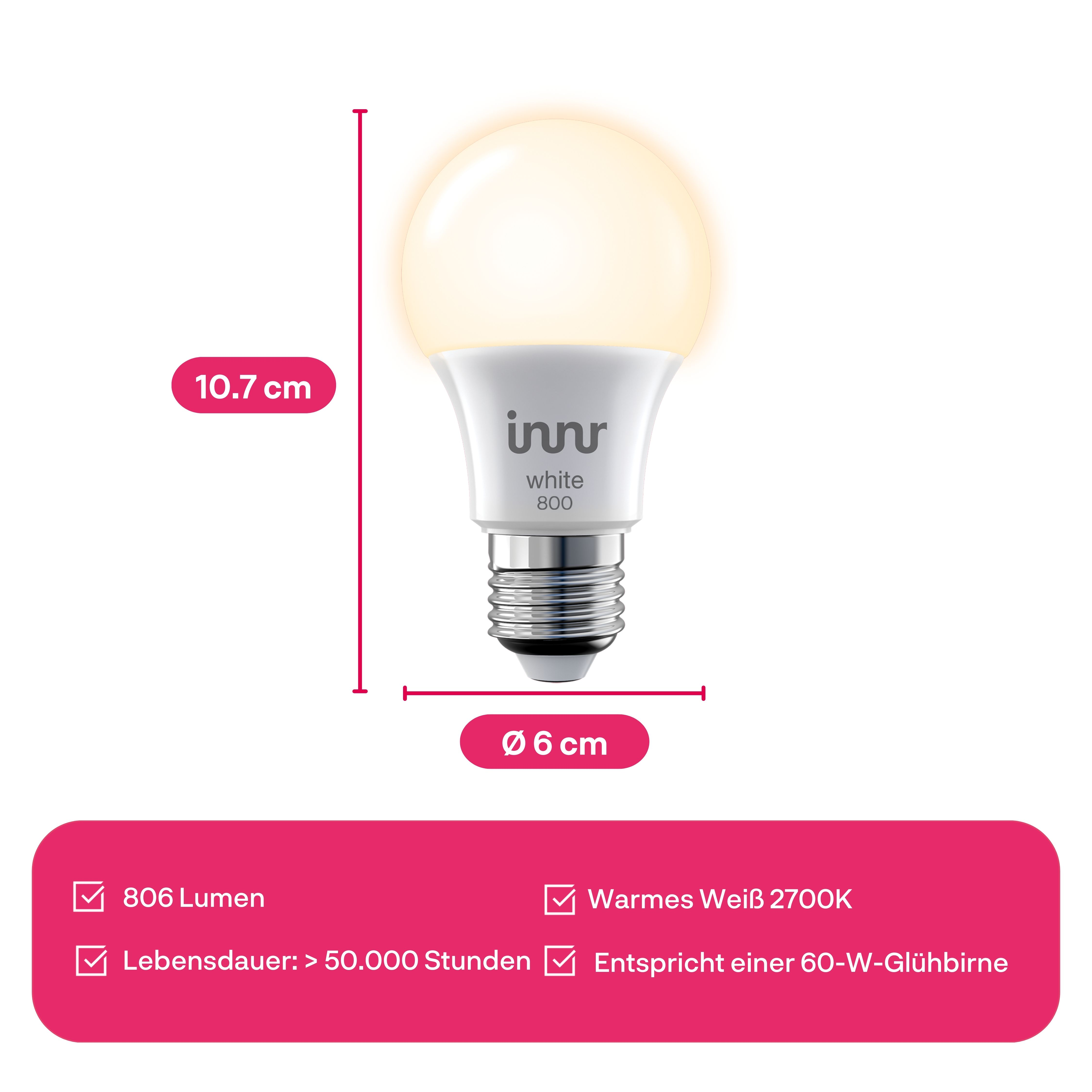 Eine weiße Glühbirne mit warmem Licht, 10,7 cm hoch, 6 cm Durchmesser.