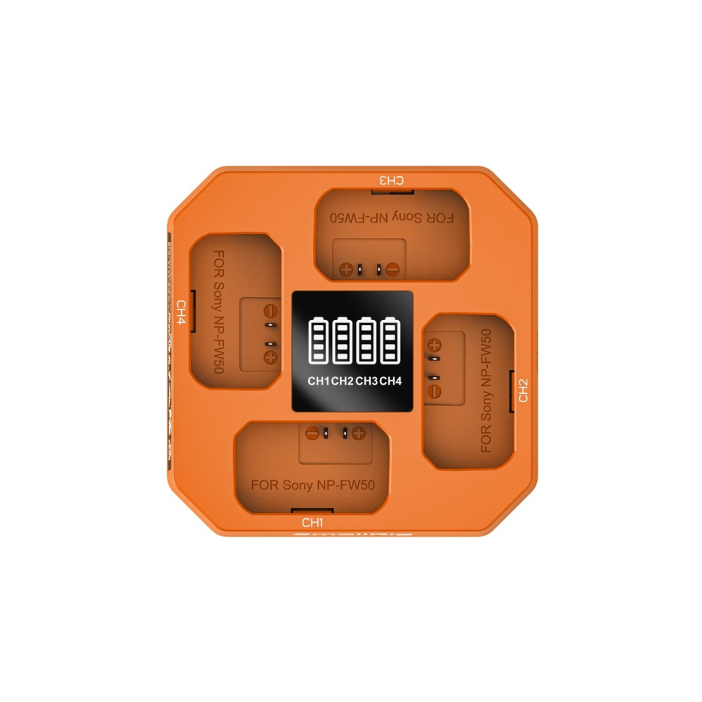 Een oranje lader voor Sony NP-FW50 batterijen met vier sleuven.