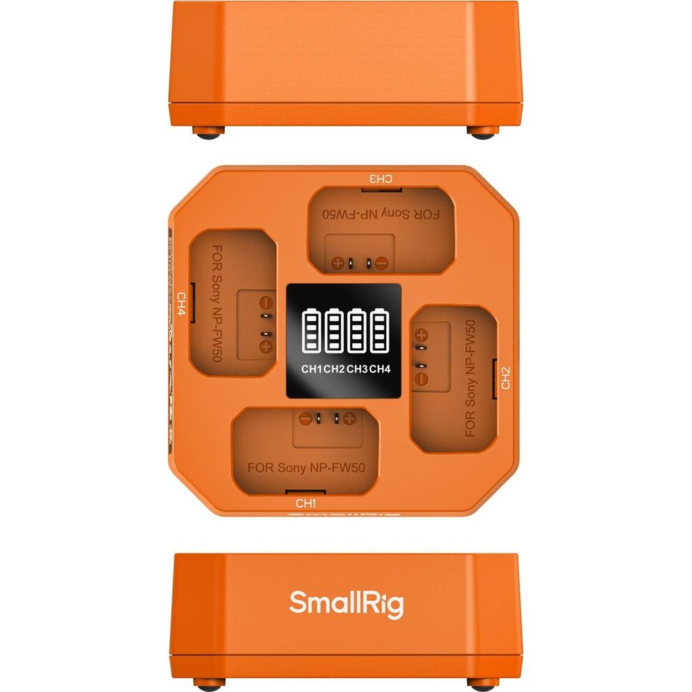 Oranje SmallRig lader voor vier Sony NP-FW50 batterijen.