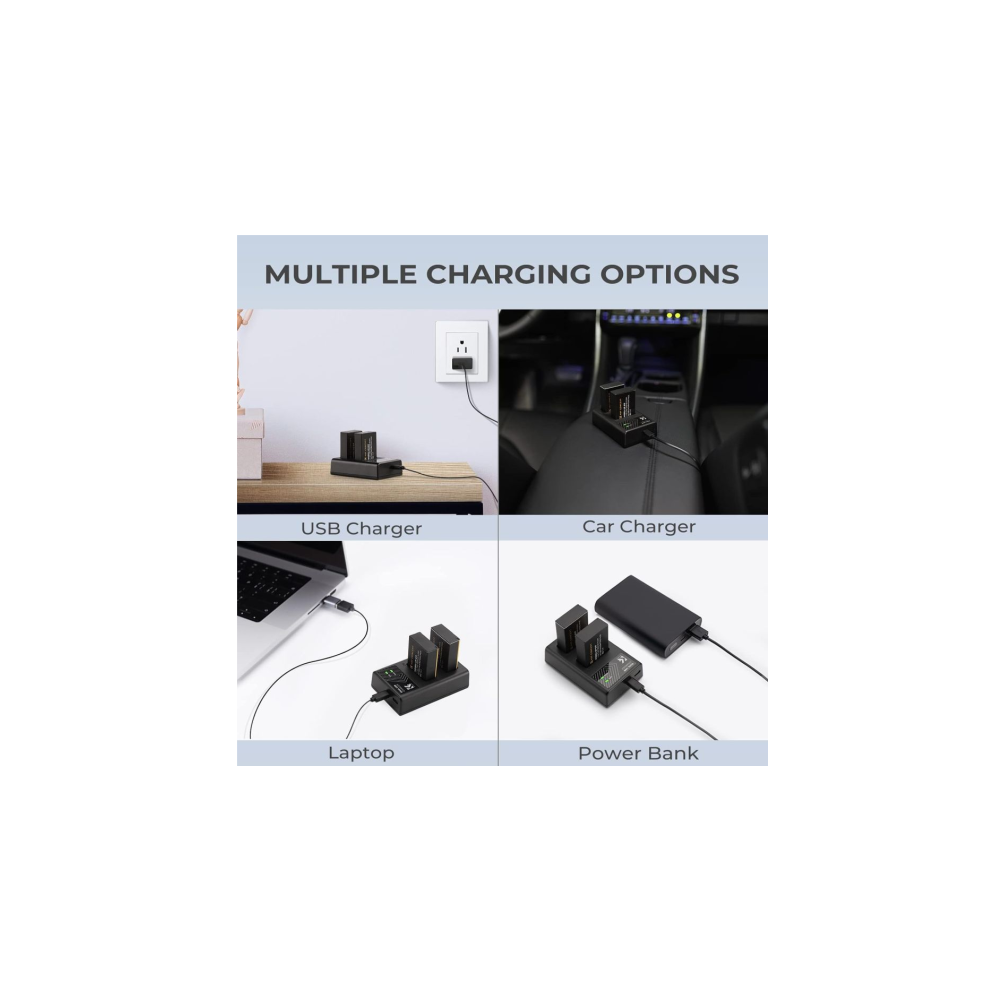 Vier laadopties: stopcontact, auto, laptop, powerbank met oplader.