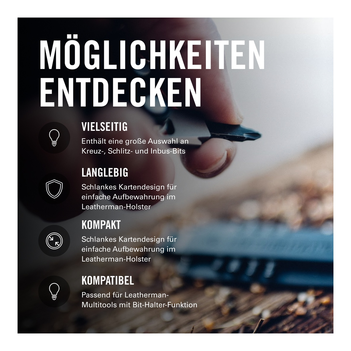 Text über Vielseitigkeit, Langlebigkeit, Kompaktheit und Kompatibilität von Leatherman-Produkten.
