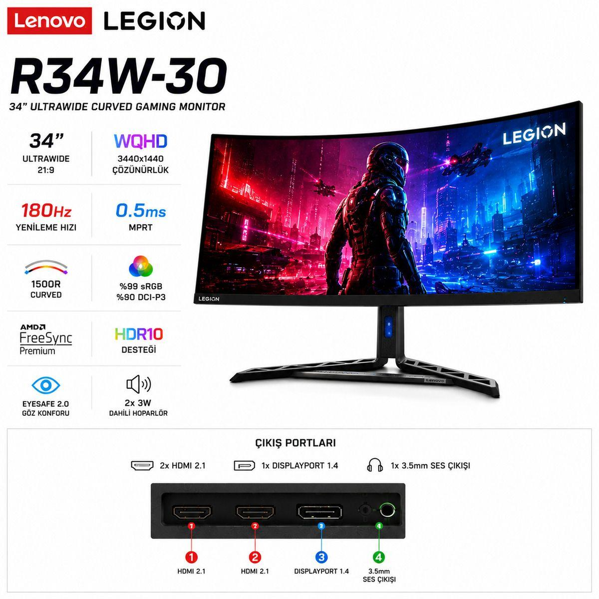 Lenovo Legion R34W-30: 34 inç ultrawide WQHD 180Hz oyuncu monitörü.
