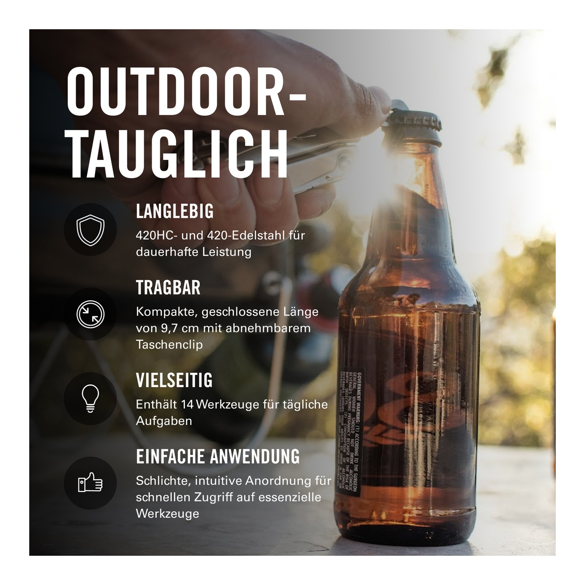 Multitool öffnet eine Bierflasche mit Sonnenschein im Hintergrund.