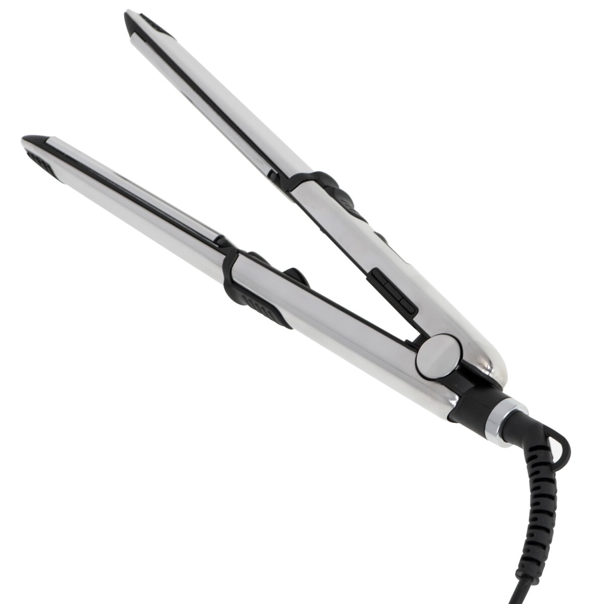 Una plancha de pelo plateada con cable negro sobre fondo blanco.