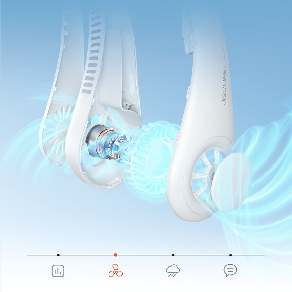 Ein weißer Nackenventilator mit sichtbarem Motor und Lüfterblättern, umgeben von blauen Luftströmen.