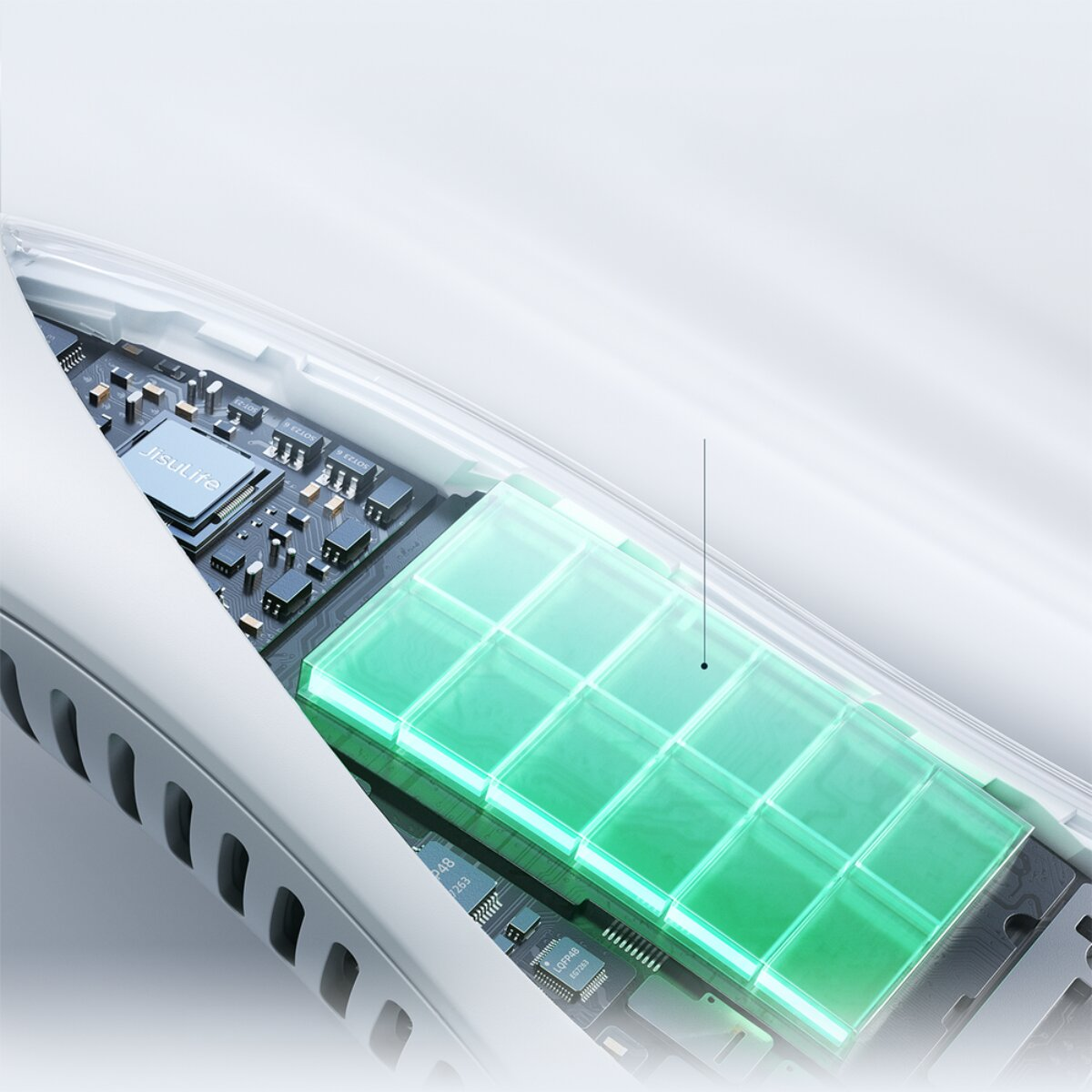 Einblick in elektronische Komponenten mit Chip und leuchtend grünen Zellen.