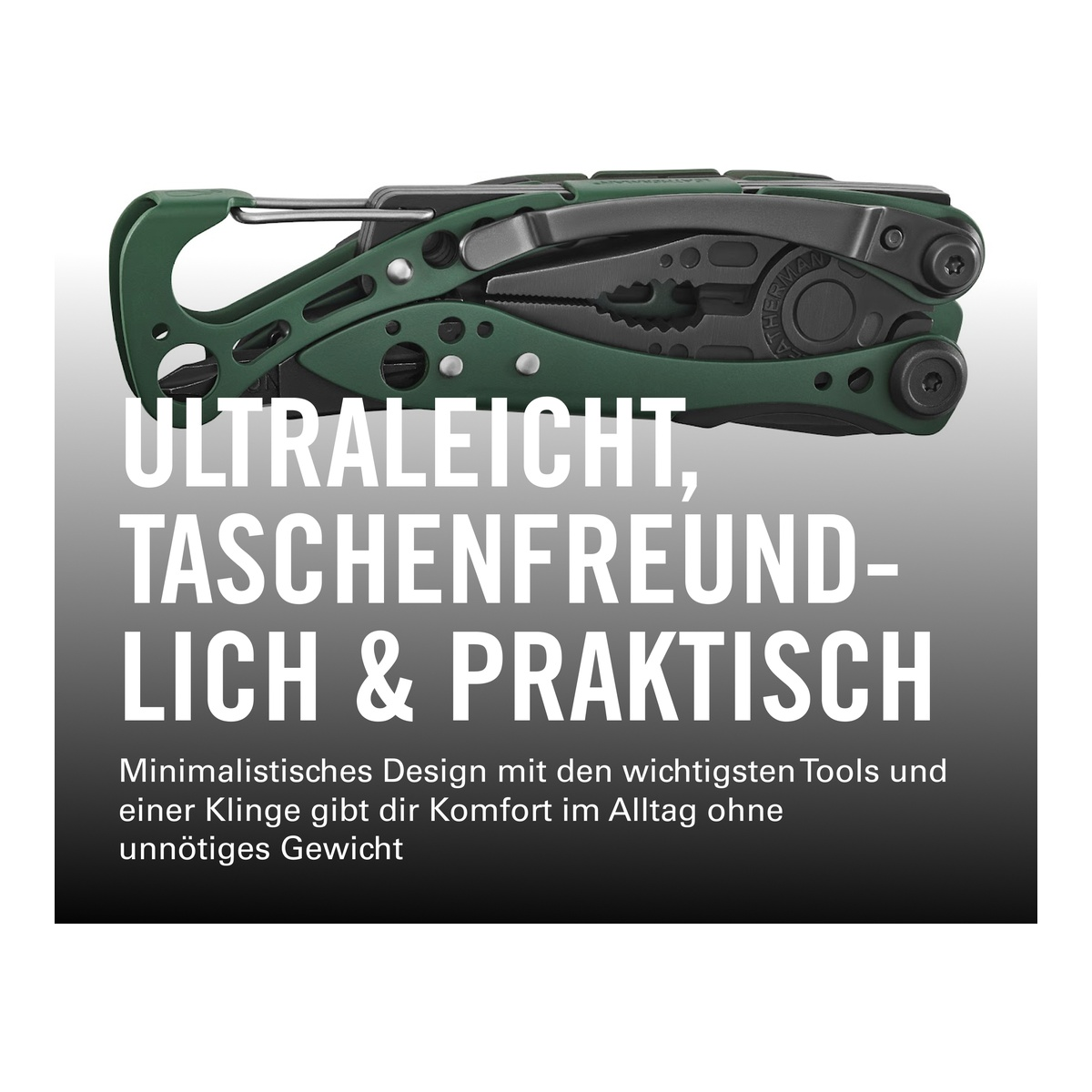 Ein grünes Multitool mit Zange und Klinge, mit deutschem Text.