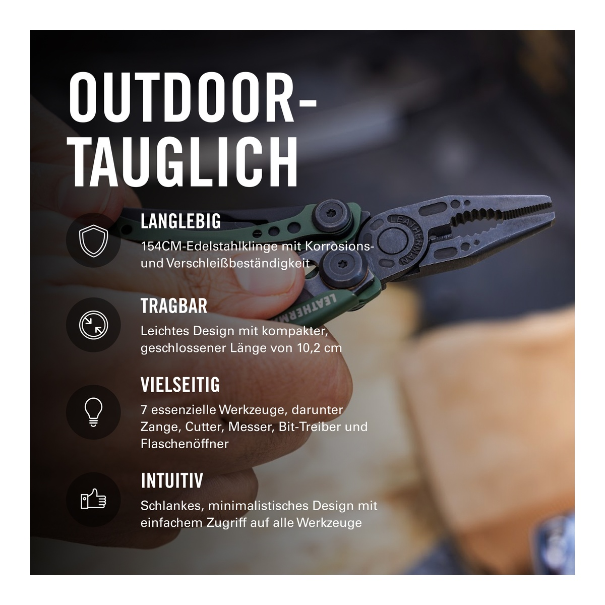 Nahaufnahme eines Multitools mit textuellen Beschreibungen seiner Eigenschaften.