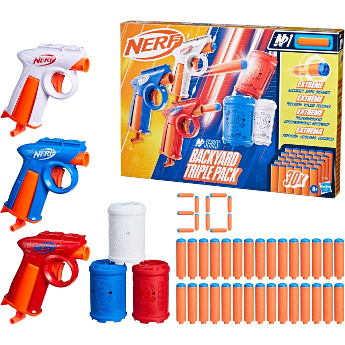 Nerf Backyard Triple Pack: tres pistolas de juguete, cilindros de munición y 30 dardos.