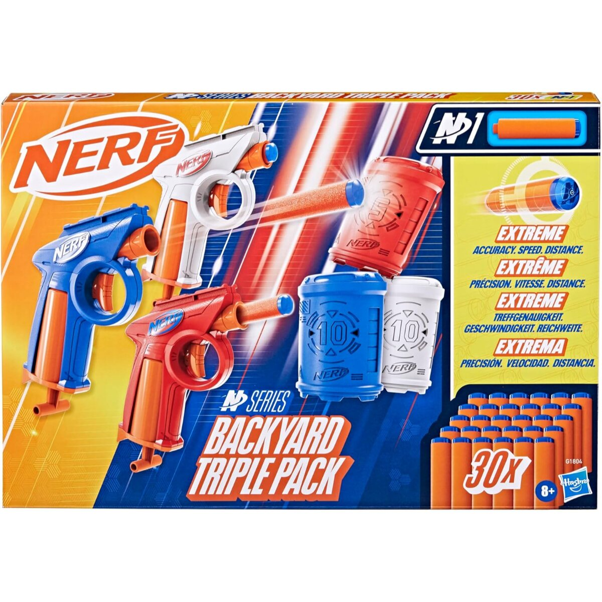 Embalaje de blasters y dardos Nerf N-Strike Elite. Presenta blasters azules, rojos, blancos y dardos naranjas.