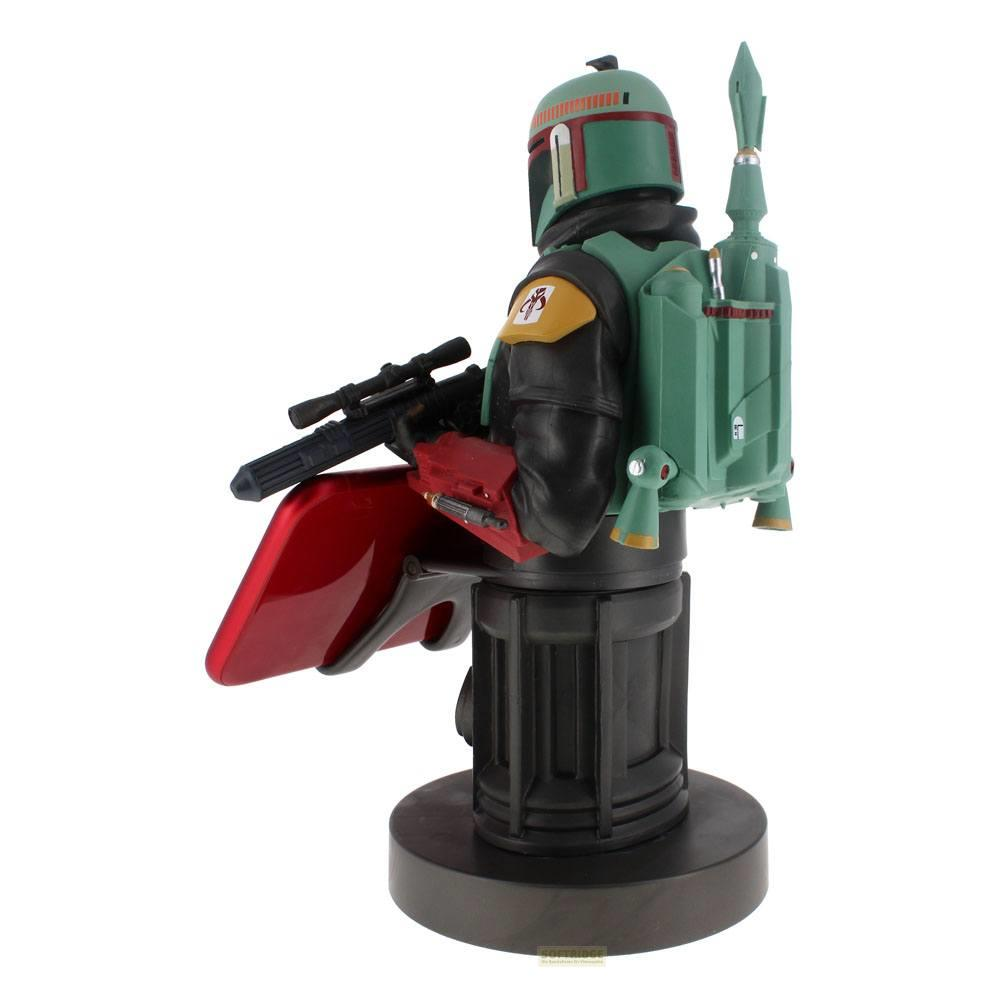 Busto di Boba Fett con fucile e jetpack, accenti rossi.