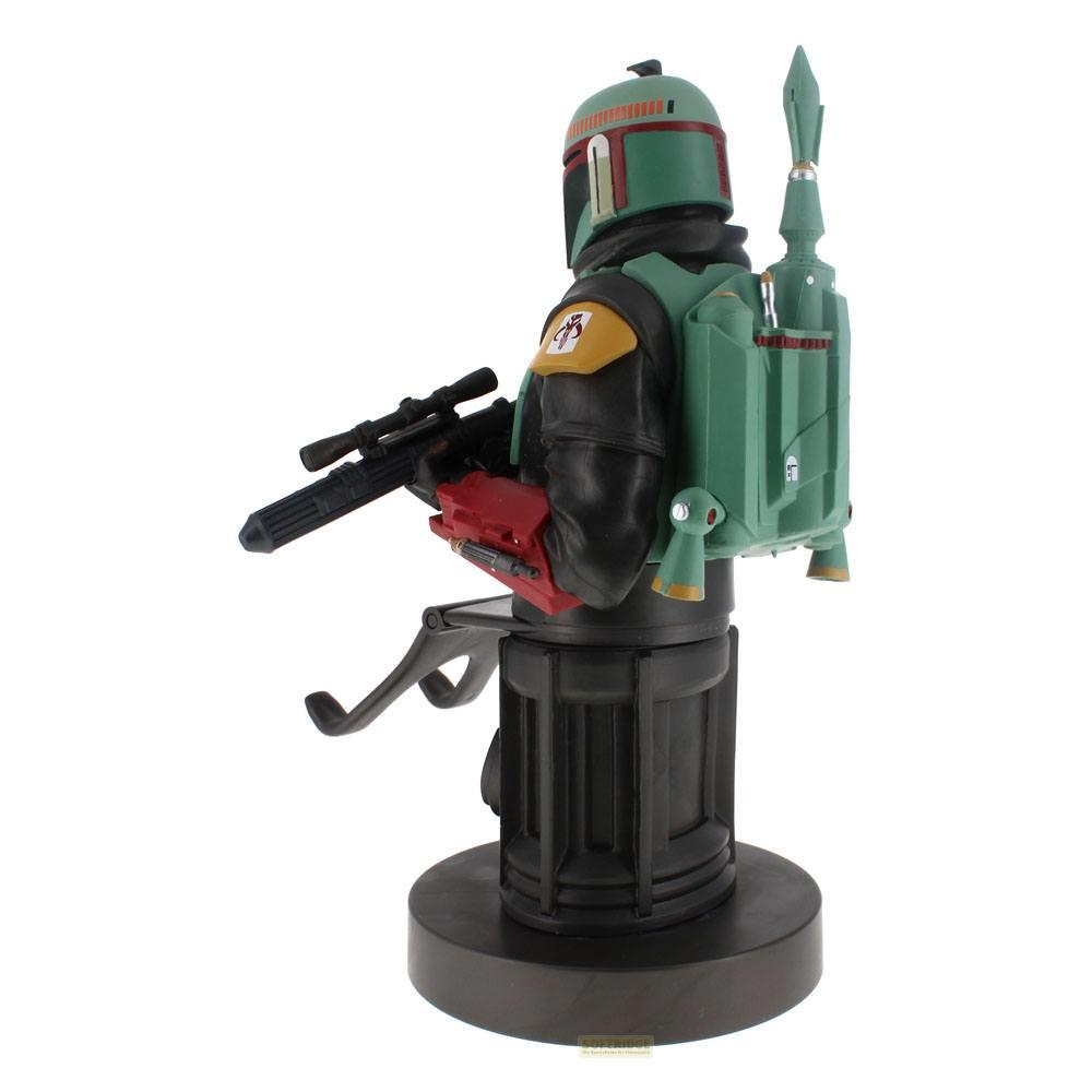 Statua di Boba Fett con jetpack e fucile su piedistallo, dettagliata, sfondo bianco.
