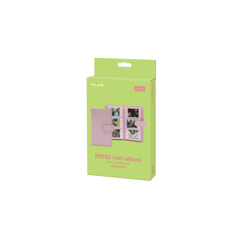 Açık albümlü pembe Instax Mini albüm kutusu.