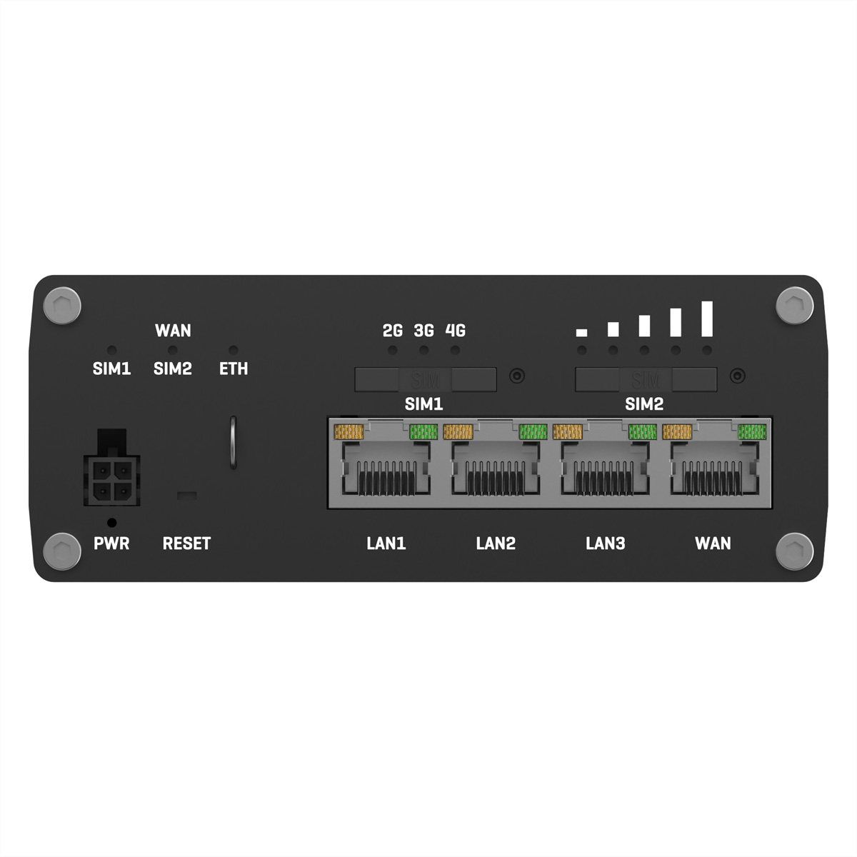 Black router with ports: WAN, LAN1-3, Power, Reset, ETH, SIM1, SIM2.