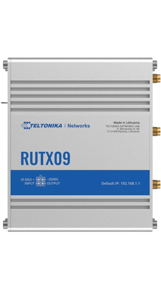 Silver Teltonika RUTX09 router with input/output ports and default IP.